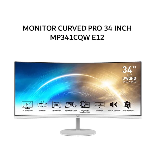 MSI MONITOR CURVED PRO 34 INCH MP341CQW E12 VA UWQHD 1440P 1MS 120HZ SPEAKER WHITE 3Y