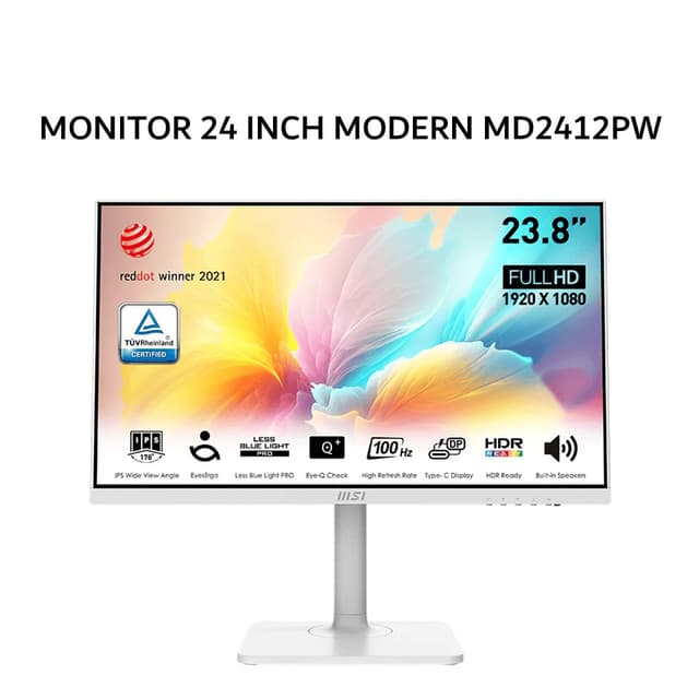 MSI MONITOR 24 INCH MODERN MD2412PW IPS FHD 1080P 1MS 100HZ ERGONOMIC SPEAKER WHITE 3Y