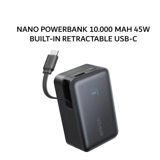 ANKER NANO POWERBANK 10.000 MAH 45W BUILT-IN RETRACTABLE USB-C CABLE A1638 - BLACK