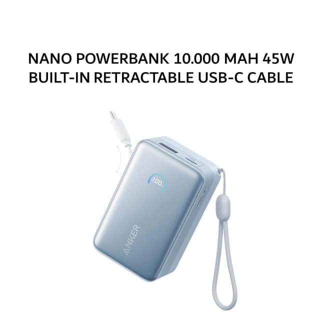 ANKER NANO POWERBANK 10.000 MAH 45W BUILT-IN RETRACTABLE USB-C CABLE A1638 - BLUE