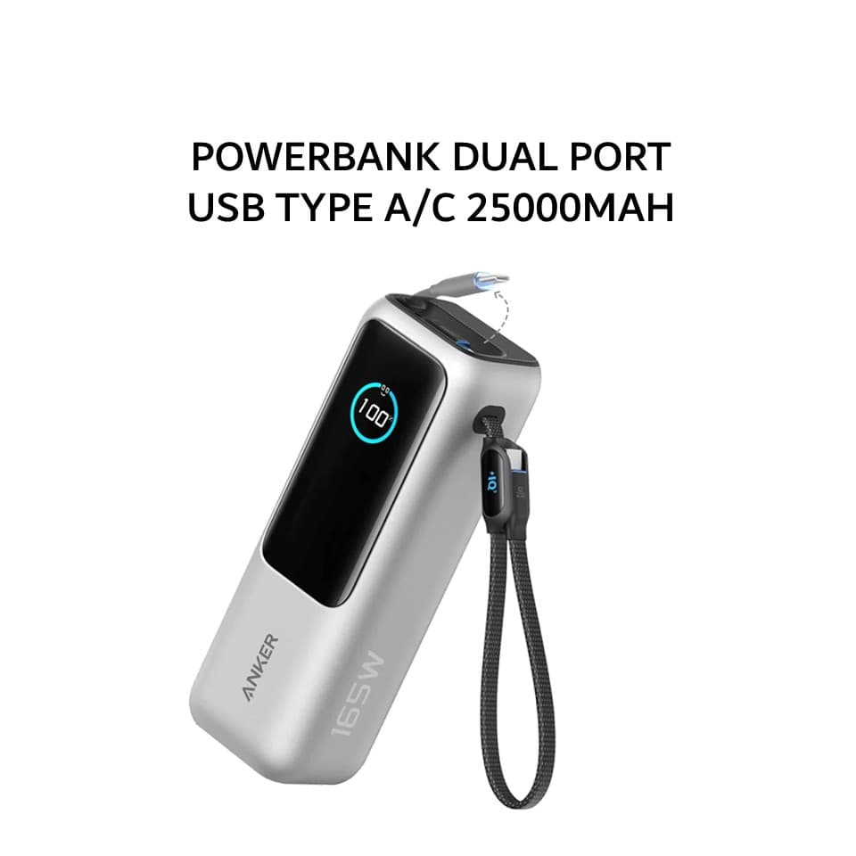 ANKER POWERBANK 25000MAH 165W PD PPS 100W 45W 33W 25W DUAL PORT USB TYPE A/C BUILT-IN USB TYPE C + C CABLE - SILVER - A1695