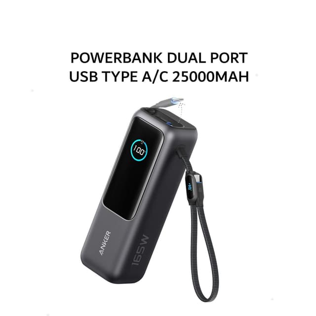 ANKER POWERBANK 25000MAH 165W PD PPS 100W 45W 33W 25W DUAL PORT USB TYPE A/C BUILT-IN USB TYPE C + C CABLE - BLACK - A1695
