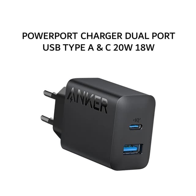 ANKER POWERPORT CHARGER 20W 18W DUAL PORT USB TYPE A & C - A2348 - BLACK