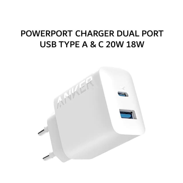 ANKER POWERPORT CHARGER 20W 18W DUAL PORT USB TYPE A & C - A2348 - WHITE