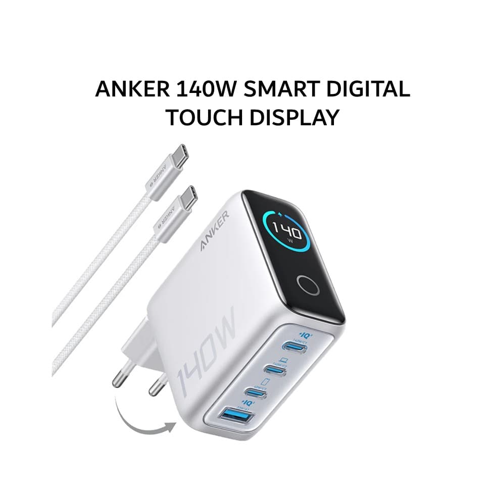 ANKER 140W GAN CHARGER 4 PORTS/SMART DIGITAL TOUCH DISPLAY/FOLDABLE+KABEL USB-C B2697 - SILVER