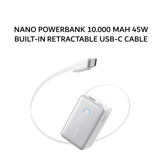 ANKER NANO POWERBANK 10.000 MAH 45W BUILT-IN RETRACTABLE USB-C CABLE A1638 - WHITE