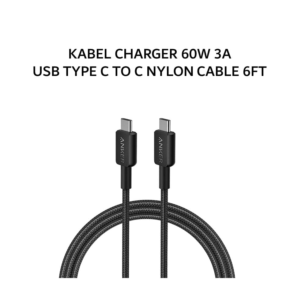 ANKER 322 KABEL CHARGER 60W 3A USB TYPE C TO C NYLON CABLE 6FT - BLACK - A81F6
